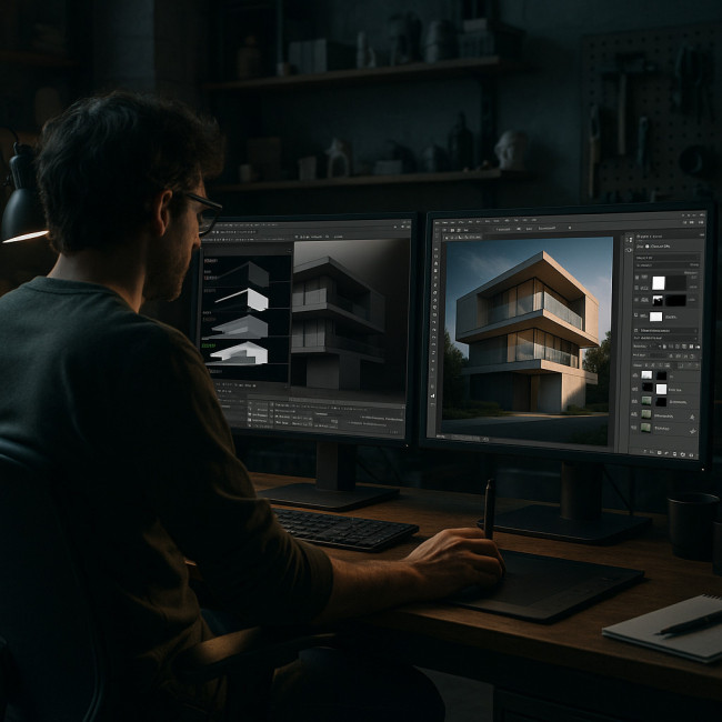 3D artist compositing building render passes
