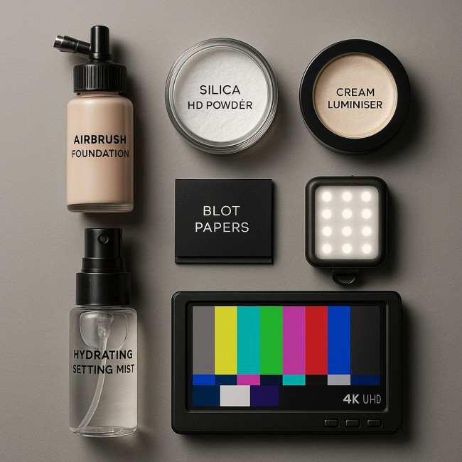 Flat lay of 4K-ready makeup products