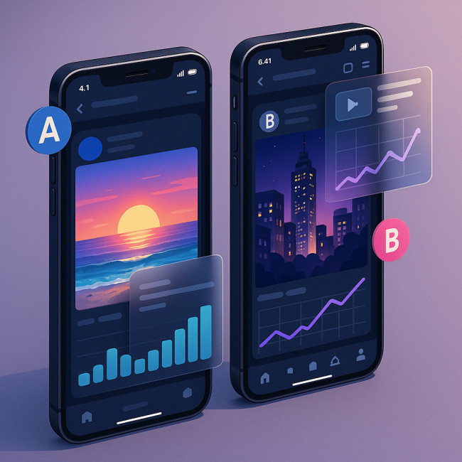 split screen of two vertical video clips with analytics overlay