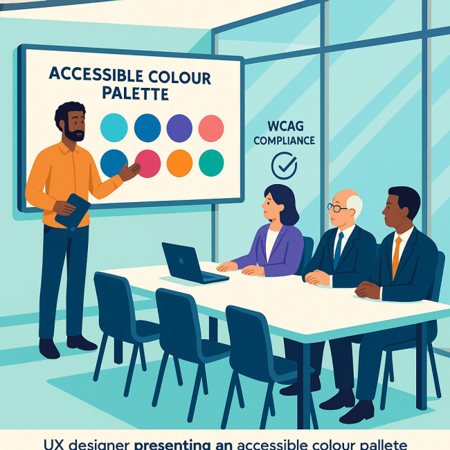 Illustration of a designer presenting an accessible colour palette to executives