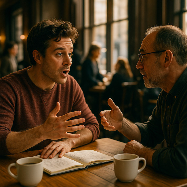 Actor practicing Scottish accent with local coach in a café