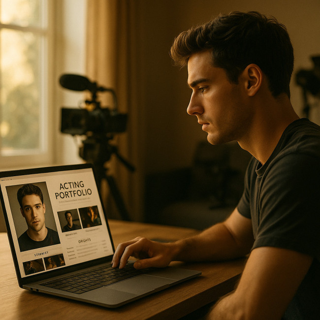 Professional actor reviewing digital portfolio on laptop