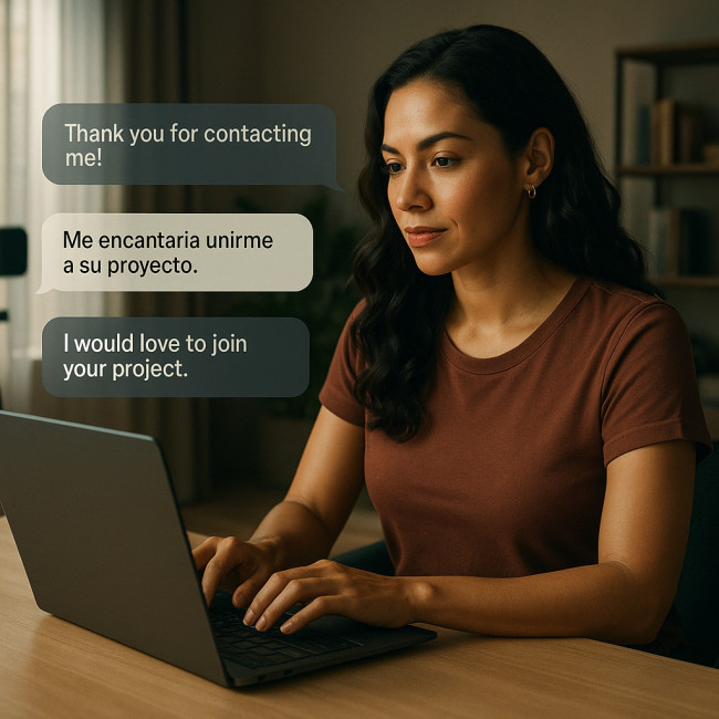 Actor sending personalised message to recruiter on laptop