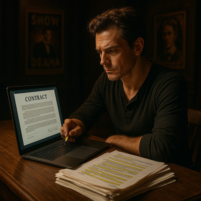 Actor studying Equity contract at a desk