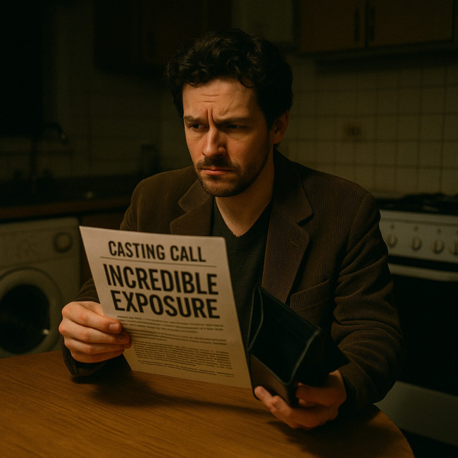 Actor examines unpaid exposure casting flyer