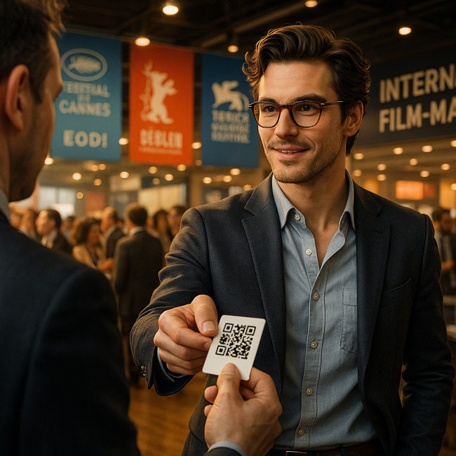 Actor pitching at an international film market booth