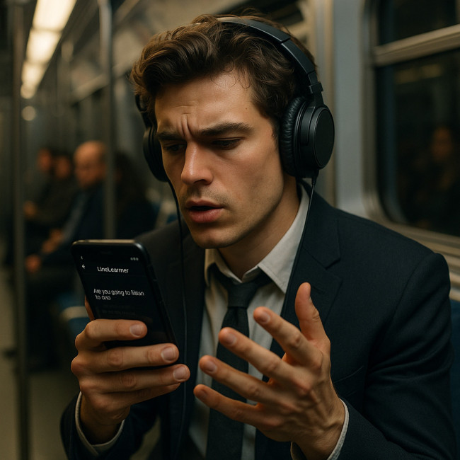 Actor rehearsing lines with smartphone app on subway