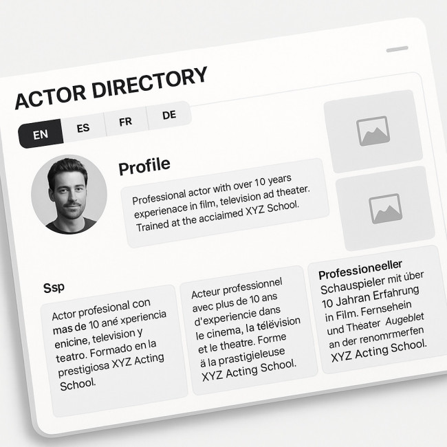 UI showing language tabs in actor profile