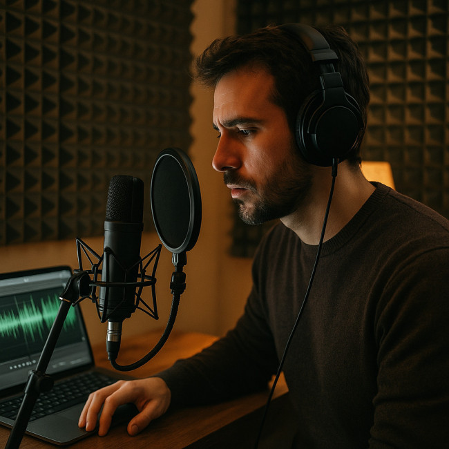 Voice actor recording demo in home studio