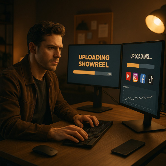 Actor uploading showreel and reviewing analytics
