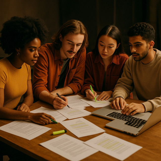 Actors drafting grant proposal together