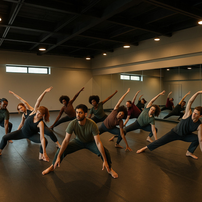 Actors warming up in a modern movement studio