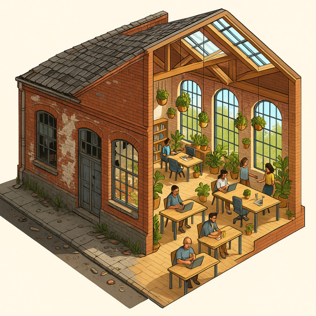 cutaway illustration of a warehouse turning into a vibrant interior
