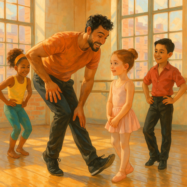 Professional dancer mentoring students in studio