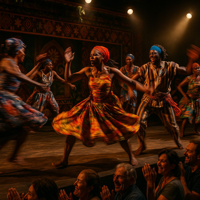 African dance troupe on stage receiving applause