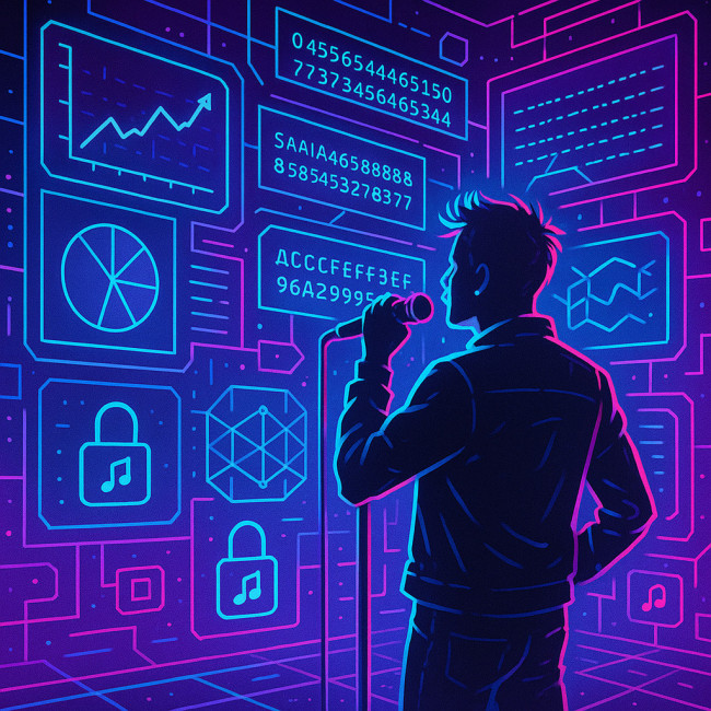 vocalist reviewing AI beat marketplace security dashboard