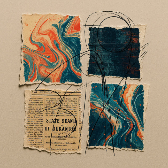 Mixed-media collage blending AI textures and hand-torn paper