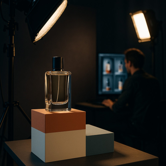 Still-life studio scene with AI mock-up on screen
