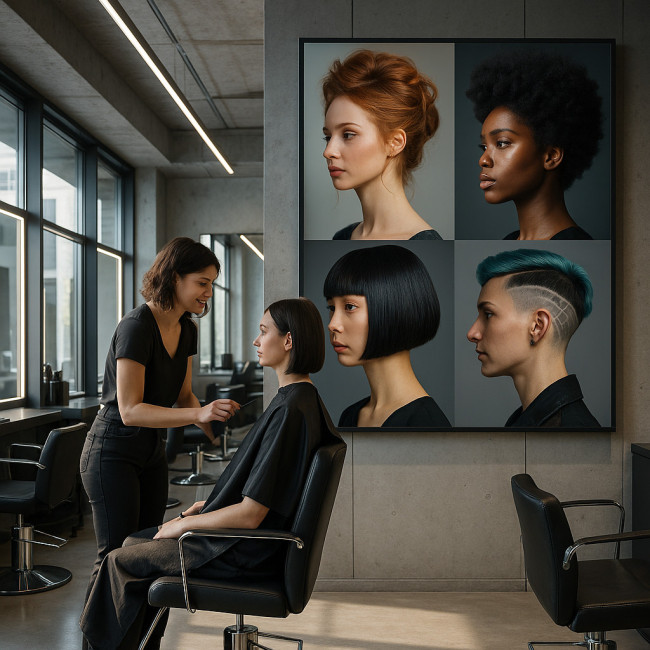 Stylist and client review AI hairstyle moodboard