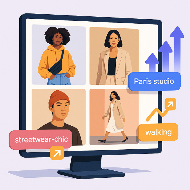 Illustration of AI tagging boosting a model portfolio in search