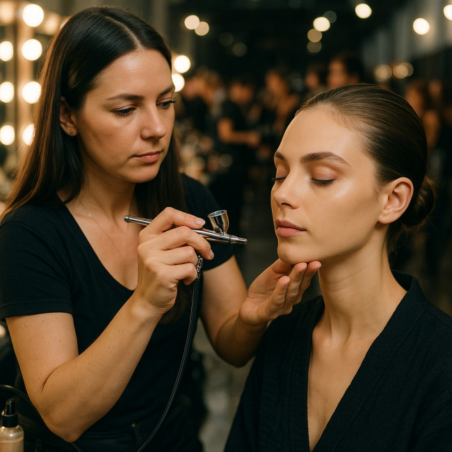 makeup artist using an airbrush backstage