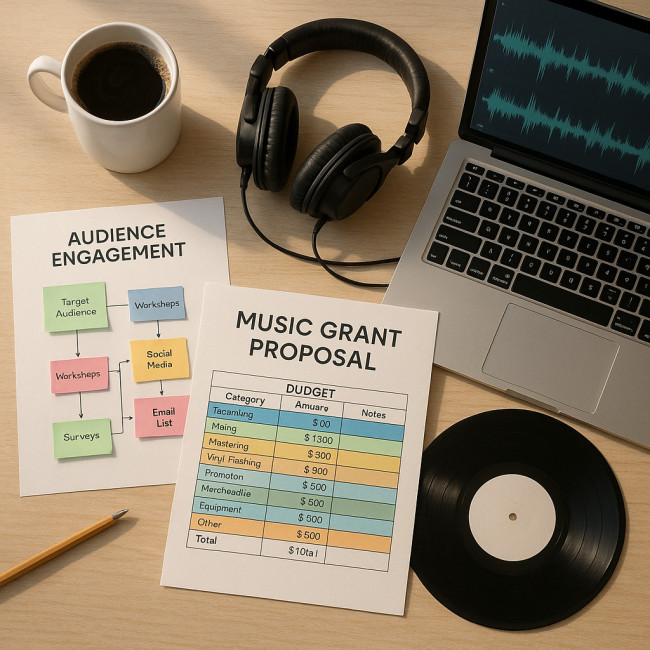 desk scene with album grant proposal materials