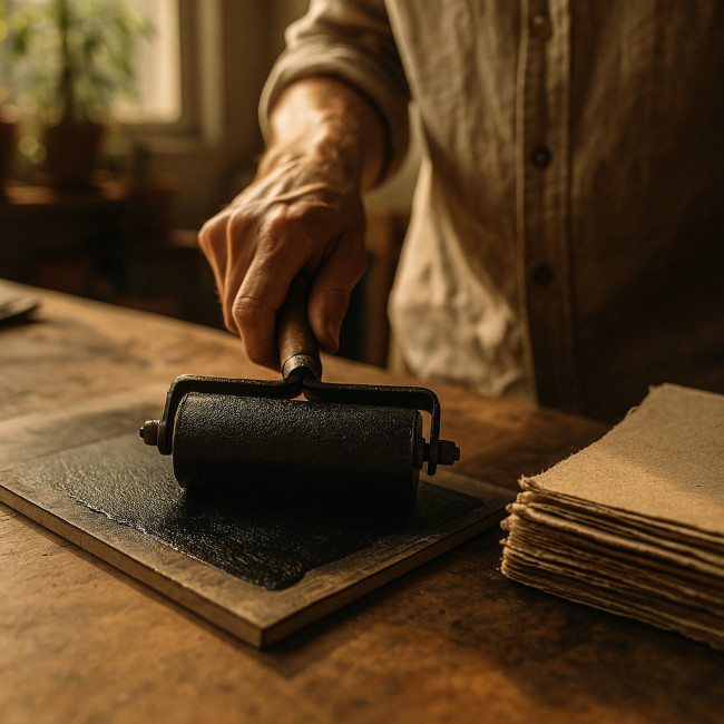 Artist applying algae ink onto a lino block