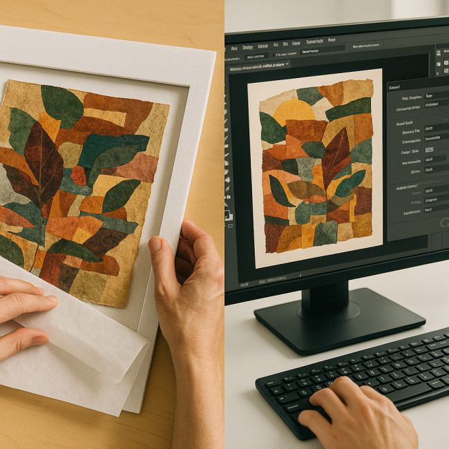Analog and digital collage handoff process side by side