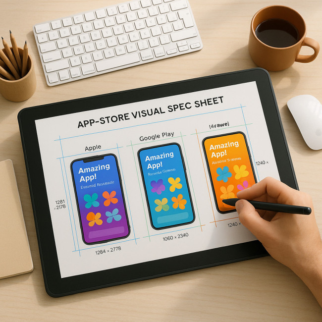 Illustrator preparing app-store spec sheet on graphic tablet