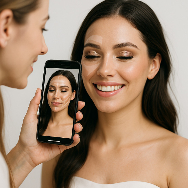 makeup artist testing AR bridal look on smartphone