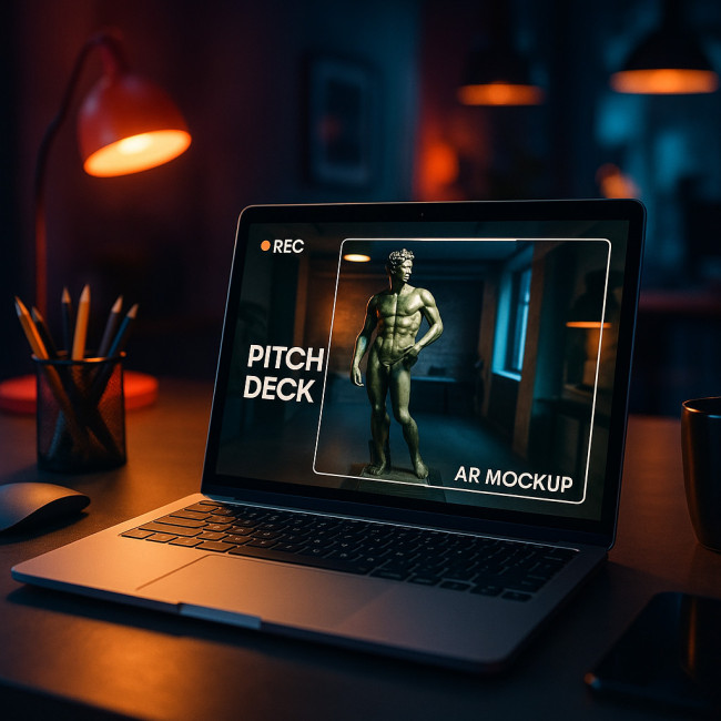 laptop showing ar mockup recording in pitch deck