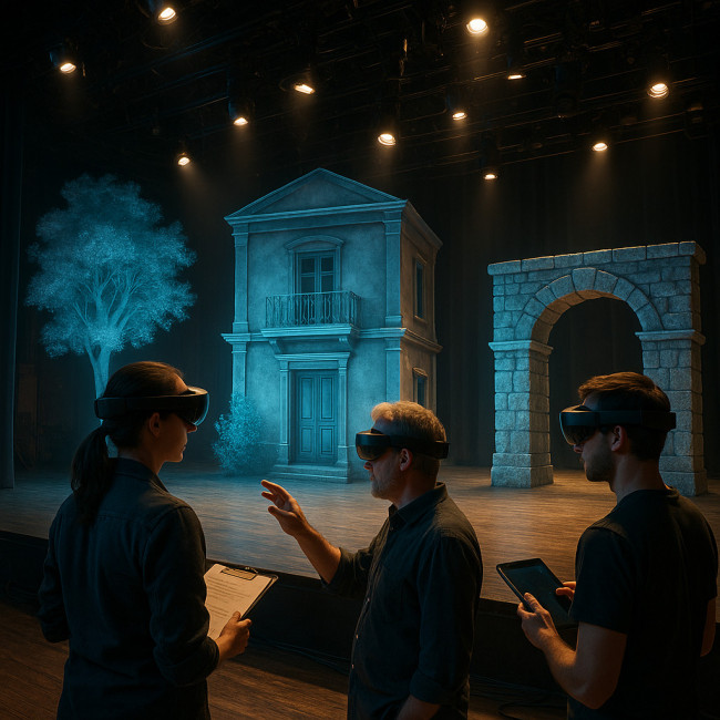 Stage crew wearing AR headsets previewing holographic set pieces