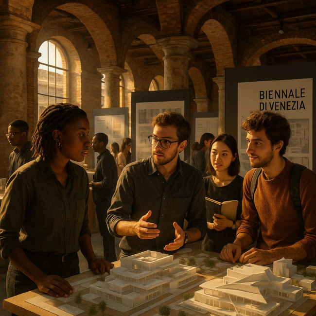 Young architects networking at Venice Architecture Biennale pavilion