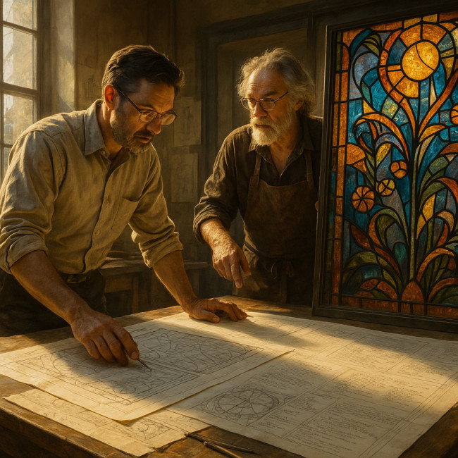 Architect and glass artist examine process notes beside large glass panels