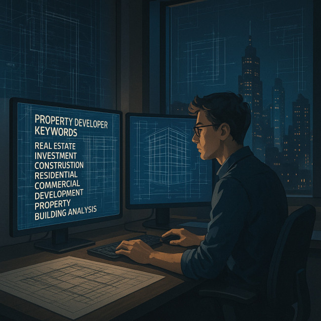 Architect studying property-developer keywords on screens at night