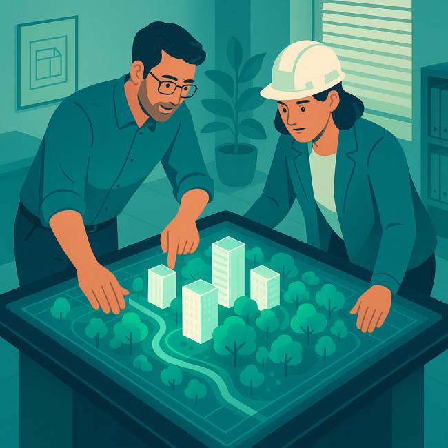 Architect and landscape architect reviewing a BIM-GIS model together