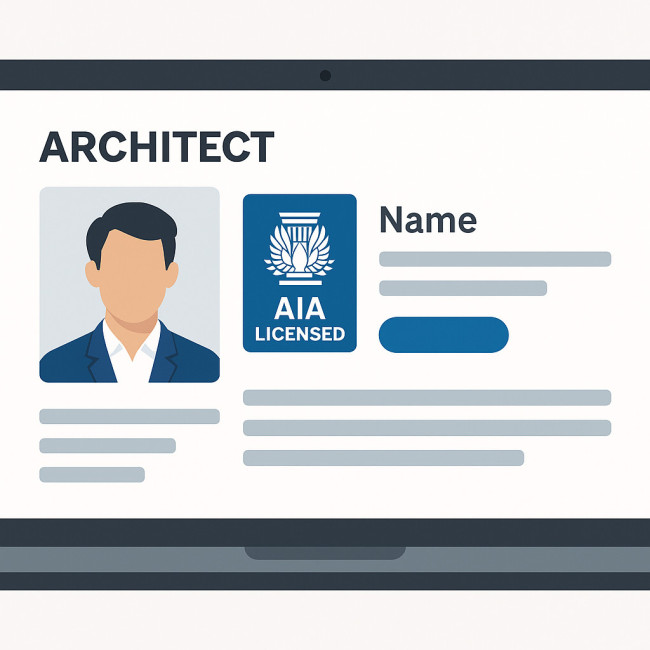Architect profile with visible licensing badge