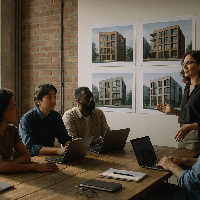 Architect peer-review circle discussing facade renders