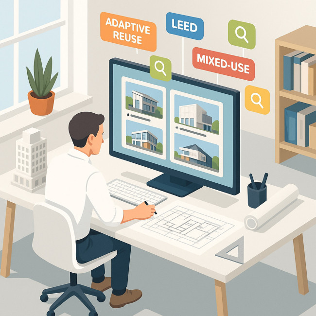 Architect studying metadata tags on a digital portfolio interface