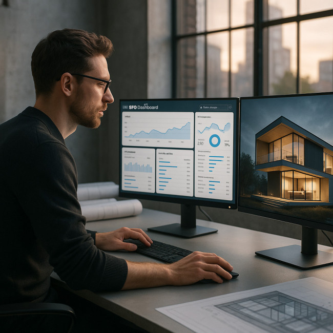 Architect checking digital portfolio SEO analytics on dual monitors