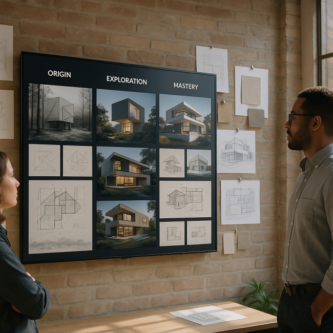 Architects reviewing a sequenced digital portfolio in studio