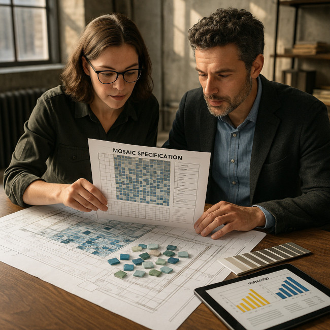 Architects studying a mosaic specification sheet