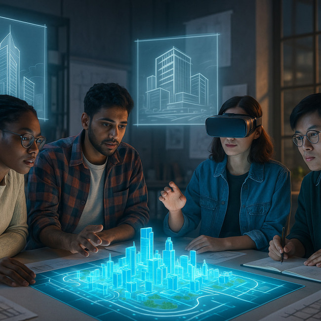 architecture students examining a holographic city model in a high-tech studio