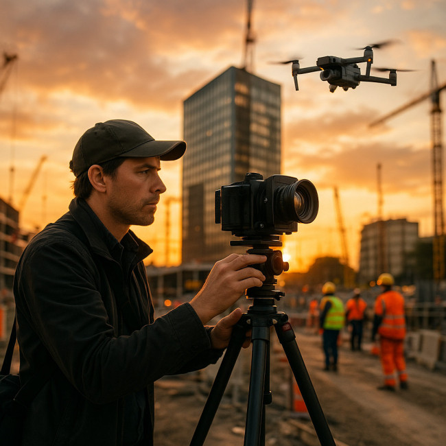 Architecture photographer with camera and drone on site