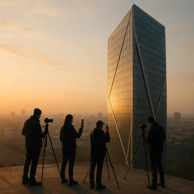 Crew scouting a modern skyscraper at sunrise