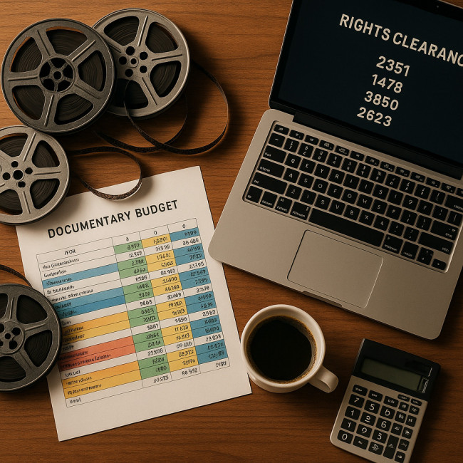 Flat lay of archival budgeting spreadsheet with film reels