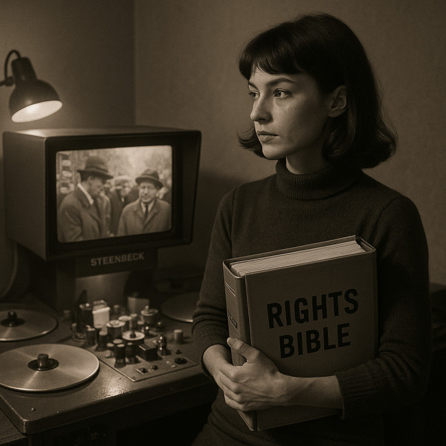 Filmmaker with rights bible in 1960s editing room