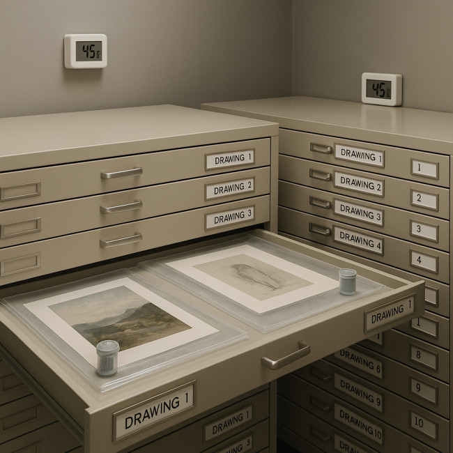 Archival flat-file storage setup with humidity controls and sleeved prints