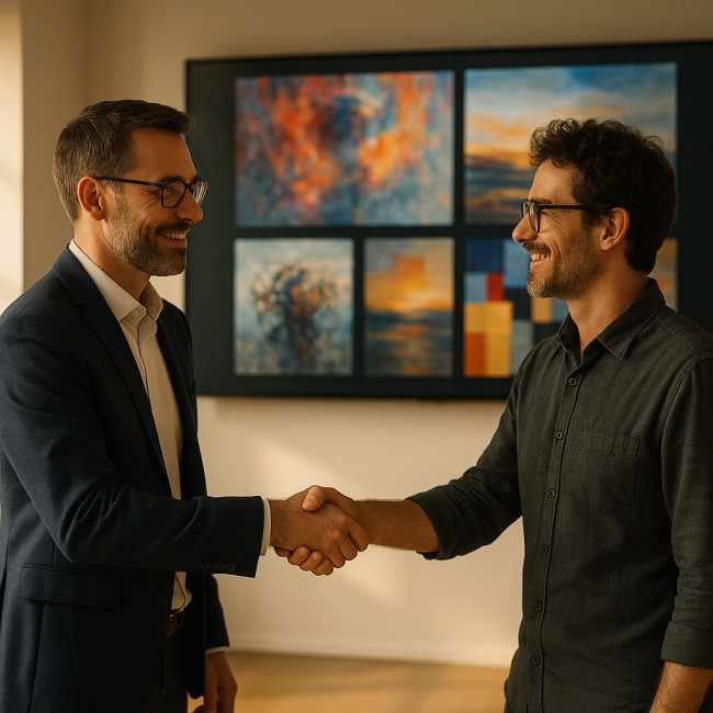 art buyer and artist shake hands after reviewing sequenced portfolio