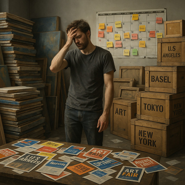 Illustration of an artist overwhelmed by multiple art event tasks